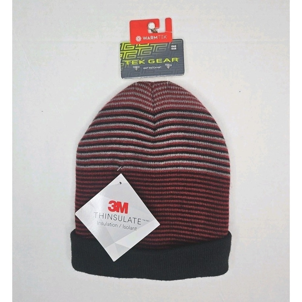 Tek Gear Thinsulate‎ Knit Watch Hat Warmtek Red Black Striped Beanie One Size